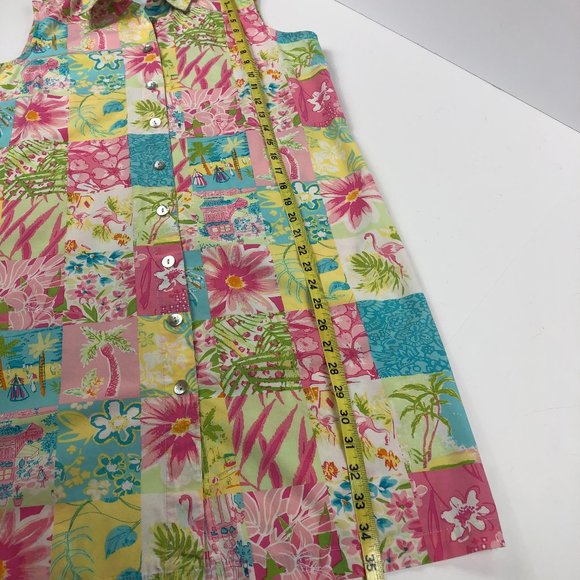 Vintage Palm Lily Cottagecore Sleeveless Boho Patchwork Button Front Shirt Dress - Picture 7 of 16